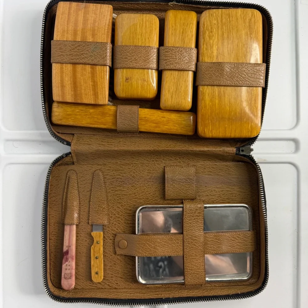 Vintage Mens Grooming Kit Black Leather Case Faux Wood Brushes Mirror J W Seiple